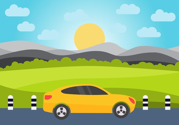 Vector coche amarillo en la carretera con el telón de fondo de las colinas y el sol naciente. ilustración vectorial