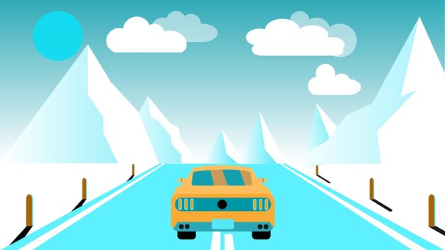 Un coche amarillo deportivo de carreras rápidas hace un viaje a las montañas a lo largo de la carretera contra