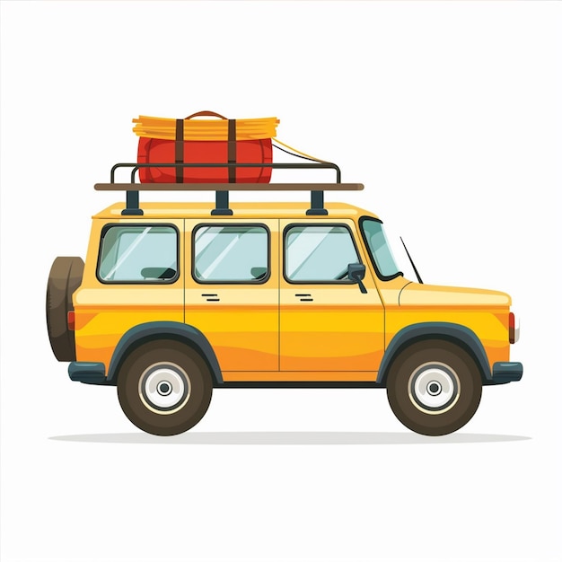 un coche amarillo con una maleta roja en la parte superior