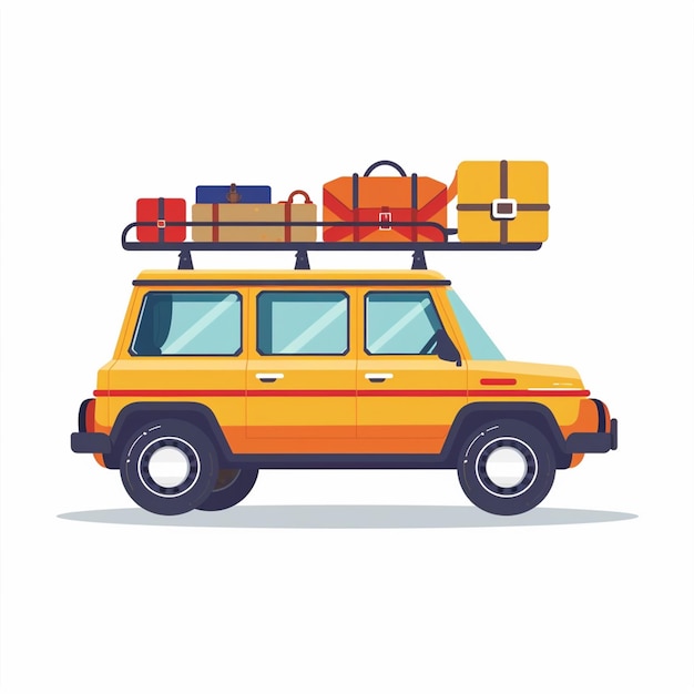 un coche amarillo y naranja con una caja roja en la parte superior