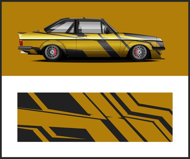Un coche amarillo y negro con una raya negra en el lateral.
