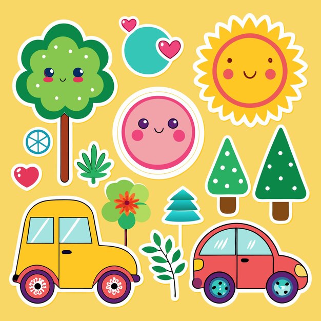 Un coche amarillo y rojo sonriendo árbol de flores del sol y hojas verdes