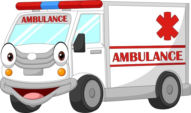 Vector coche de ambulancia feliz de dibujos animados sobre fondo blanco