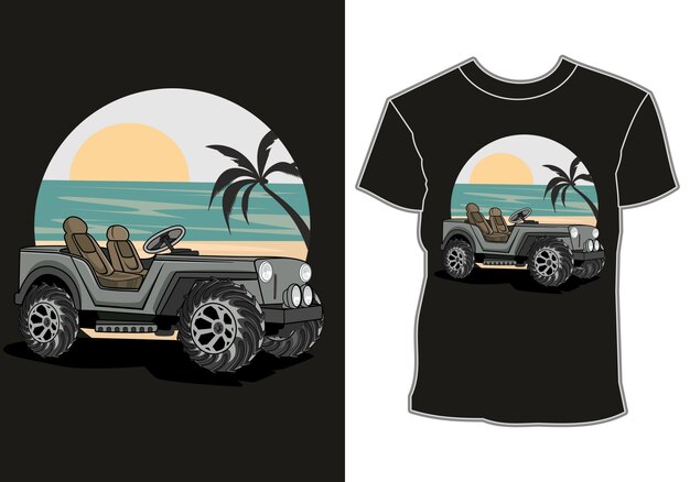 Vector el coche está aparcado en el paseo marítimo con una vista del atardecer y cocoteros, diseño de camiseta