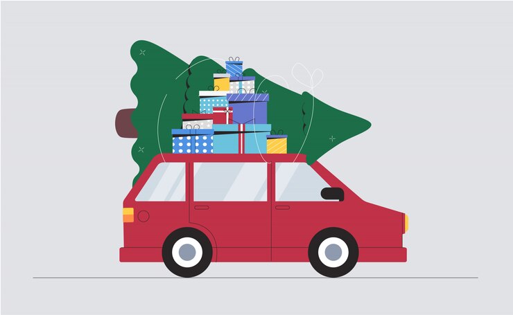 Vector coche con árbol de navidad y cajas de colores de regalo.
