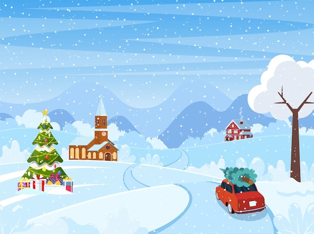 Coche con árbol de Navidad en la carretera Fondo de paisaje navideño con nieve y árbol Feliz Navidad vacaciones Año nuevo y celebración de Navidad Ilustración vectorial en estilo plano