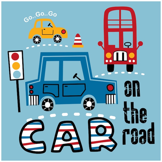 coche y autobús en la carretera dibujos animados divertidos