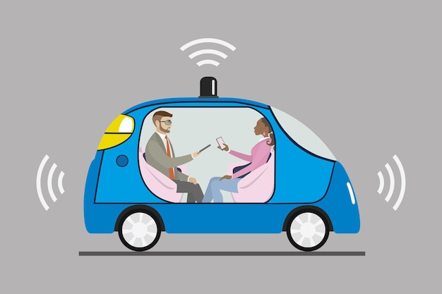 Coche autónomo con pasajeros masculinos y femeninos
