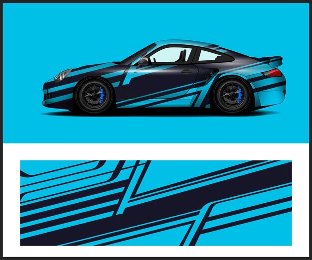 Un coche azul con una franja negra que dice "porsche".