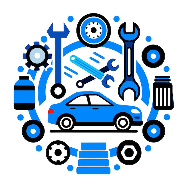 Vector un coche azul con herramientas y herramientas en la parte superior de él