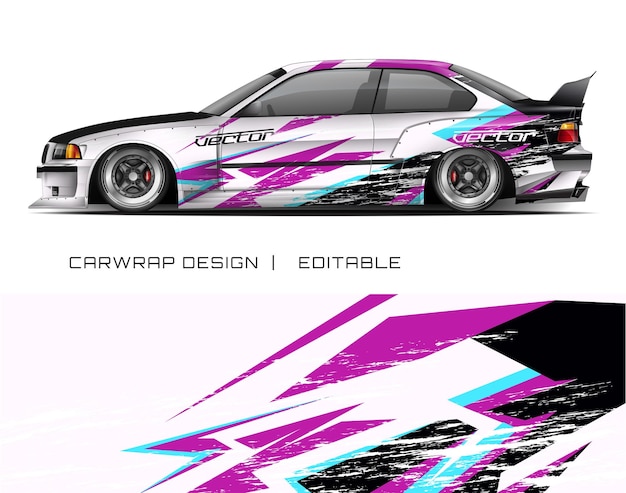 Coche blanco con diseño de envoltura negra rosa azul