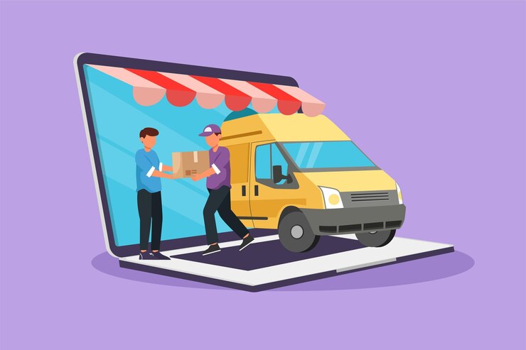Vector el coche de la caja de entrega de dibujo plano del personaje sale en parte de la pantalla gigante de la computadora portátil y el mensajero masculino le da la caja del paquete al cliente masculino transporte de entrega en línea ilustración vectorial de diseño de dibujos animados