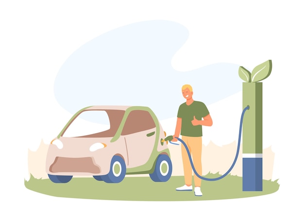 Coche de carga masculino en la estación de carga verde fuera del cuidado del medio ambiente