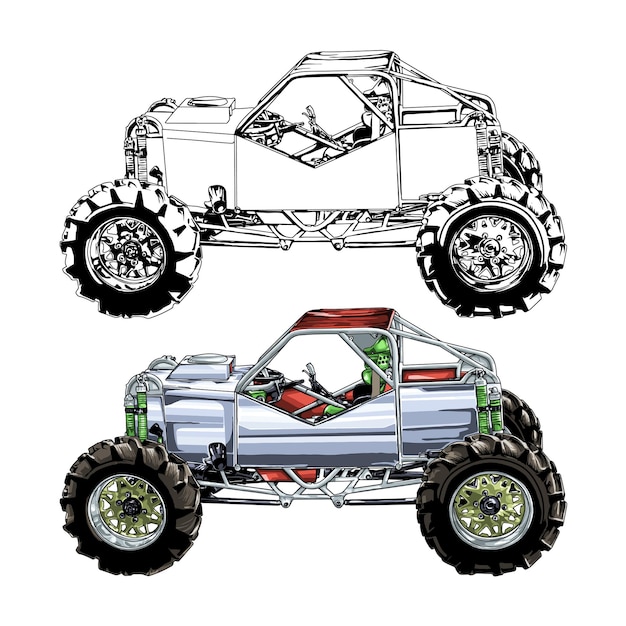 Coche de carreras aislado sobre fondo blanco. Camión monstruo. ilustración vectorial.