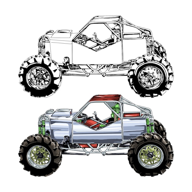 Coche de carreras aislado sobre fondo blanco. camión monstruo. ilustración vectorial.