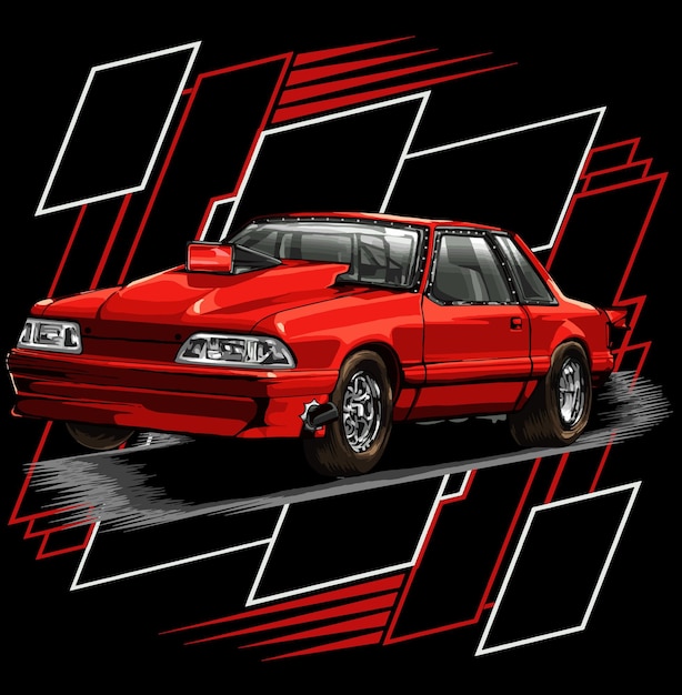 Coche de carreras de arrastre aislado en fondo negro para póster, estampado de camisetas, elemento comercial.