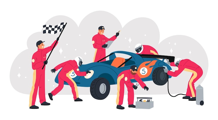 Vector coche de carreras de dibujos animados en una parada en boxes equipo de mecánica en el proceso de mantenimiento de automóviles bombeo de neumáticos y reemplazo de ruedas reparación de automóviles competición de carreras equipo técnico concepto vectorial de garish