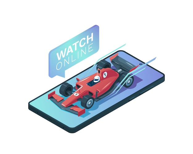 Coche de carreras rojo con ruedas abiertas de pie en el teléfono en estilo isométrico