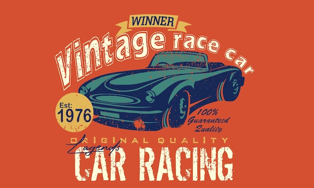coche de carreras vintage para imprimir. Impresión de camiseta de calidad original, vector de camiseta de coche de carreras de época antigua