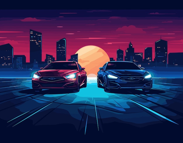 Vector coche en la carretera al atardecer ilustración vectorial en un estilo plano