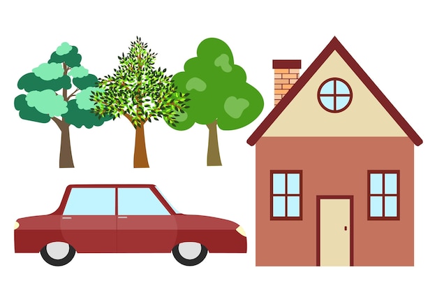 Coche cerca de la casa. Árboles verdes. Sobre un blanco. Textura vectorial. Ilustración plana. Vistoso.