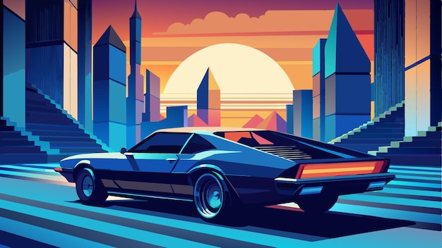 un coche con una ciudad en el fondo