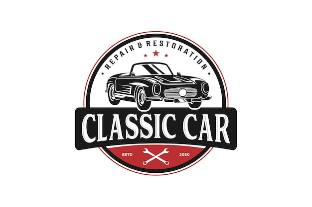 Coche clásico descapotables diseño de logotipo automotriz antiguo taller icono símbolo silueta negra emblema rou