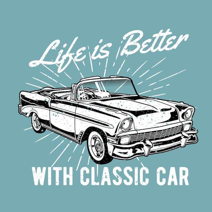 Vector coche clásico dibujado a mano vintage con efecto grunge y fondo de explosión de estrellas