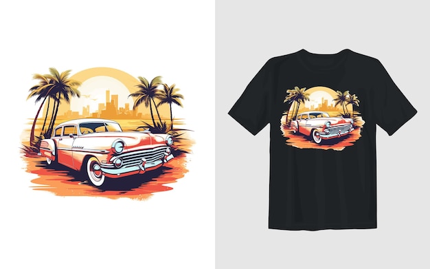 Coche clásico en el diseño de camiseta de coche de ilustración de vector de dibujos animados de playa de verano