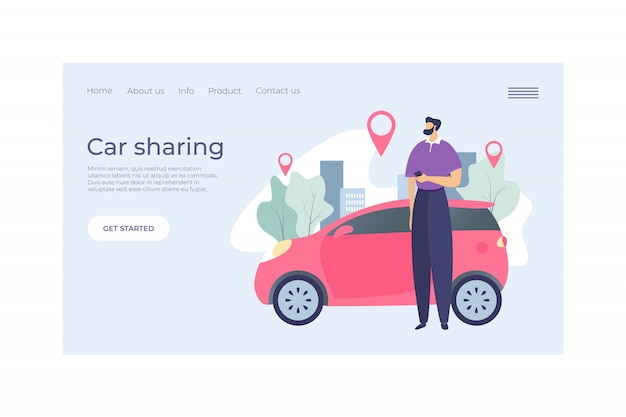 Coche compartido servicio aterrizaje concepto web banner ilustración. Vehículo de alquiler urbano de carácter masculino, señal de punto gps. Hombre sostenga el teléfono móvil.