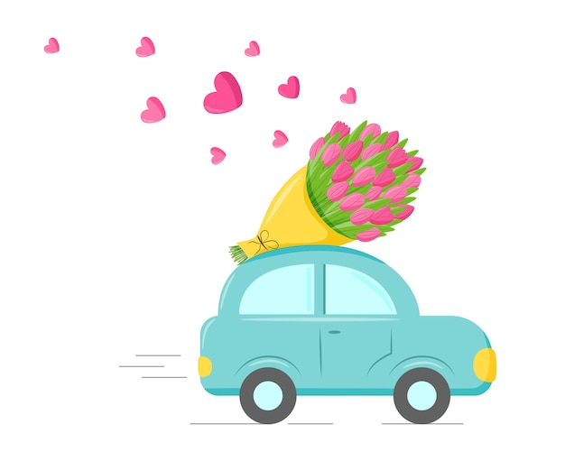 Coche de concepto de entrega con flores en el techo.