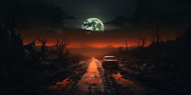 Vector coche conduciendo por el bosque por la noche con luna llena renderización 3d