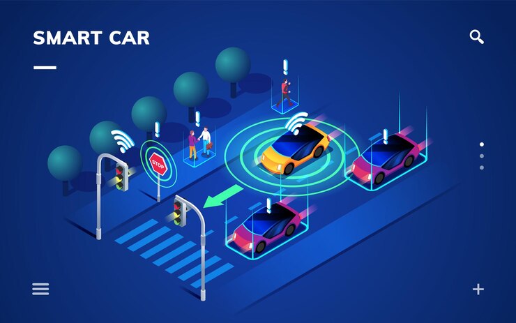 Vector coche sin conductor o autónomo en automóvil de carretera