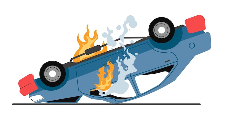 Vector coche dañado ardiendo en la carretera, vehículo aislado con llamas y humo. incidente de carretera, accidente de tráfico o accidente de tráfico. catástrofe en la carretera, peligrosa rotura de automóvil. vector de incendio premeditado o vandalismo