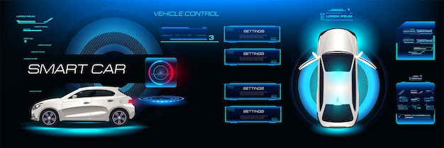 Coche deportivo de la ciudad con interfaz táctil y configuraciones HUD Panel de navegación del coche con pantalla táctil