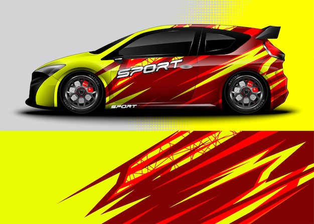 Coche deportivo para diseño de calcomanías de envoltura y librea del vehículo con fondo abstracto