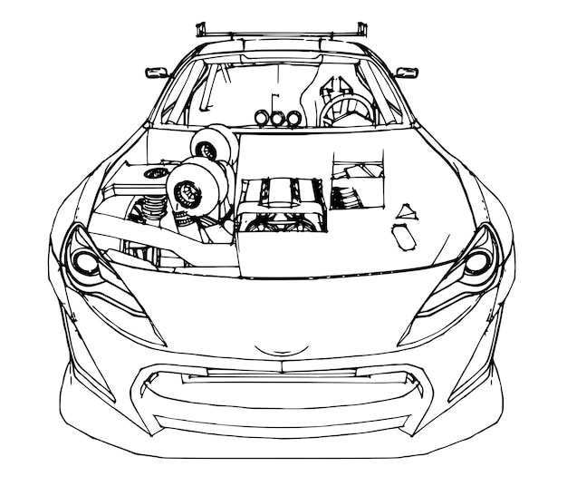 Coche deportivo. Ilustración de stock en el estilo de gráficos lineales dibujados a mano.