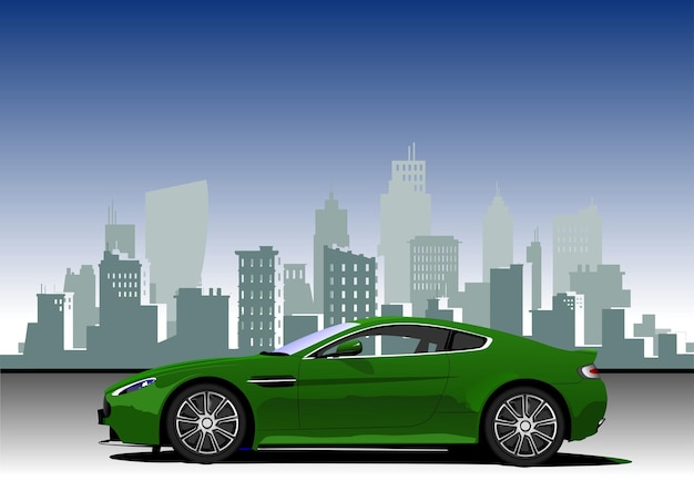Coche deportivo de lujo verde estacionado frente al horizonte de la ciudad