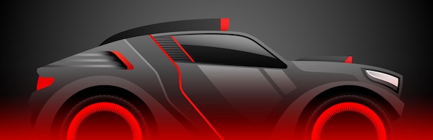 Coche deportivo de rally todoterreno en colores negro y rojo sobre fondo negro ilustración vectorial