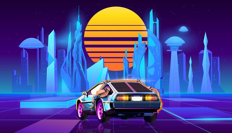 Coche deportivo retro futurista en el fondo del paisaje de la ciudad nocturna