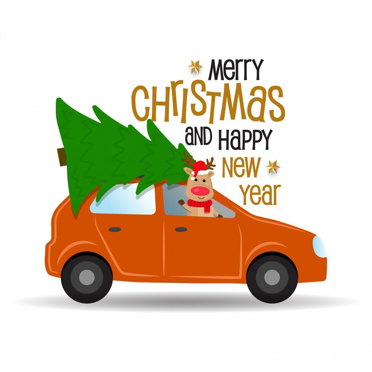 Coche de dibujos animados con renos y árboles de Navidad.