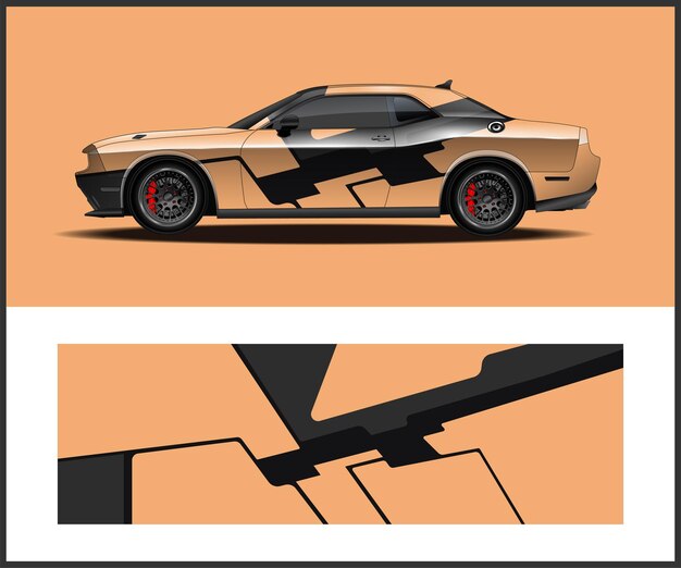 Un coche con diseño negro y naranja que tiene un diseño negro y naranja.