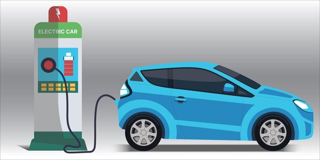 Coche eléctrico azul en la estación de carga El vehículo se está cargando La batería del vehículo EV está enchufada