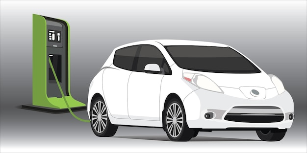 Vector coche eléctrico blanco en la estación de carga la batería del vehículo ev está enchufada y obtiene electricidad