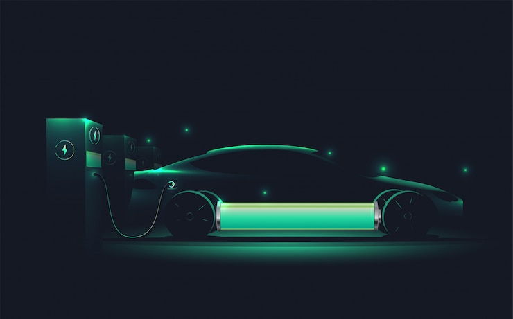 Coche eléctrico de carga en la estación de carga.