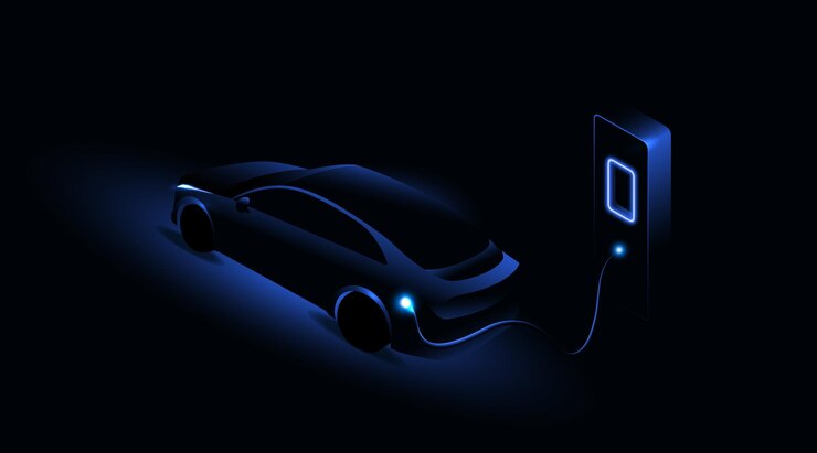 Vector coche eléctrico cargando en la estación de carga concepto de vehículo eléctrico ilustración vectorial