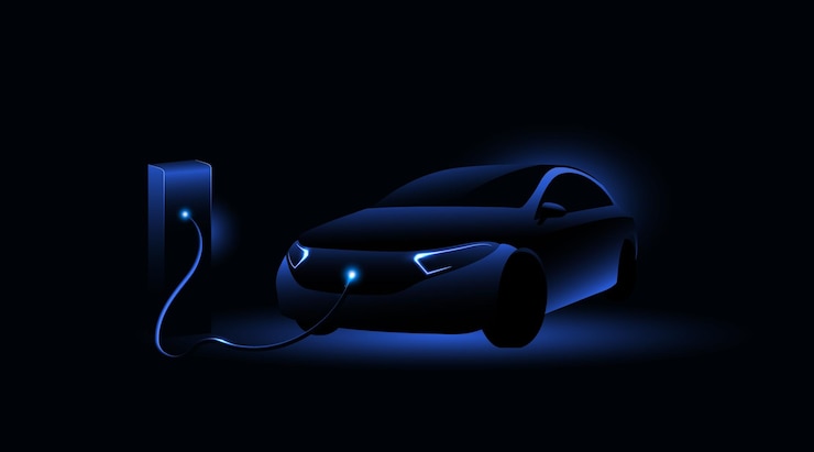 Vector coche eléctrico cargando en la estación de carga concepto de vehículo eléctrico ilustración vectorial