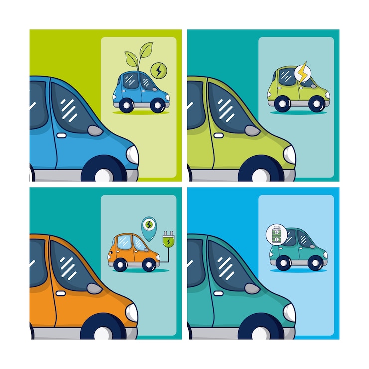 Vector coche eléctrico y energía verde conjunto de marcos cuadrados