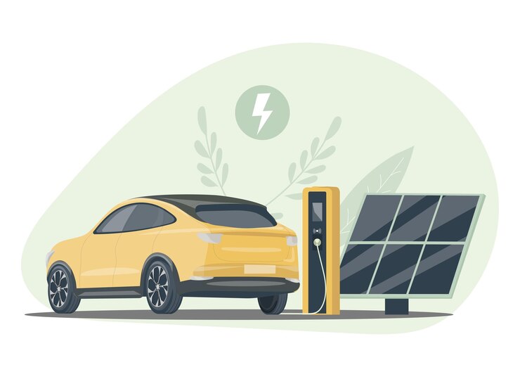Vector el coche eléctrico está cargando el coche eléctrico con estación de carga y paneles solares
