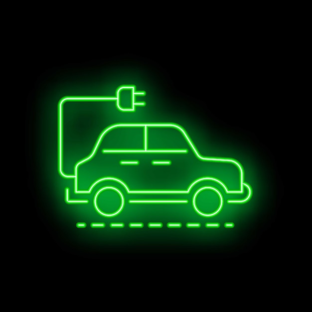 El coche eléctrico de neón verde cargando con el icono del enchufe